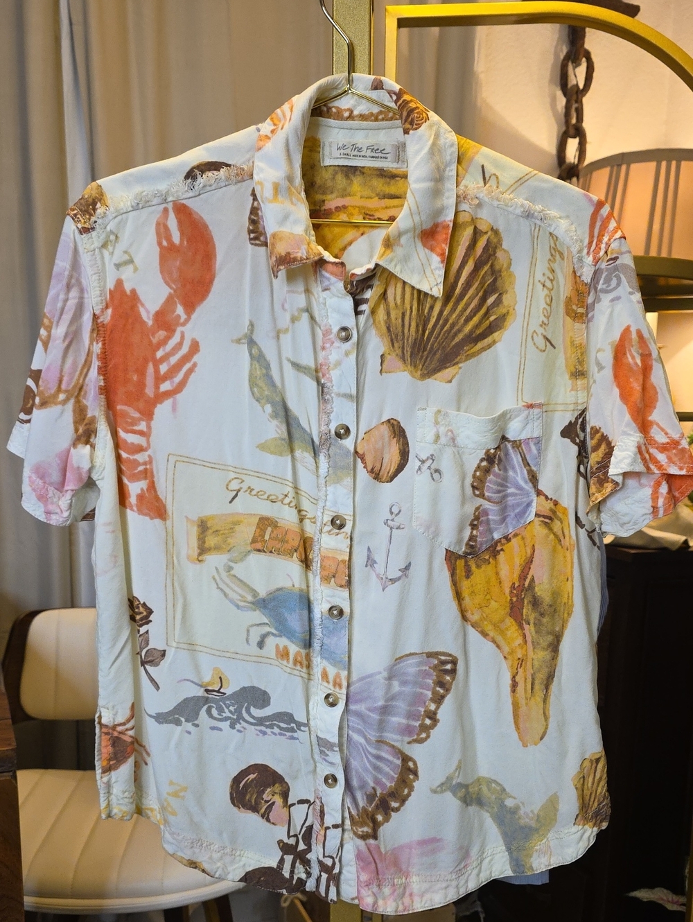 We The Free White Soft Short-Sleeve Button-Down with Coastal Print XS - Picture 11 of 15